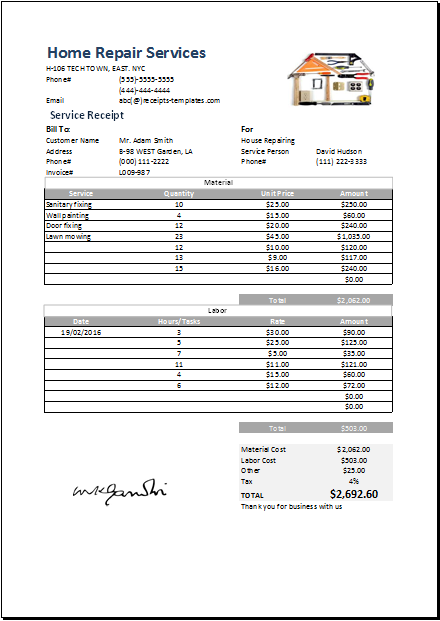 Home Repair Receipt